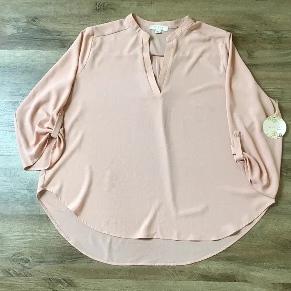 🌻💥NWT Misia Curvy Size 2X Blouse V-Neck Long 3/4 Rolled Sleeves Orange Peach - Picture 5 of 9
